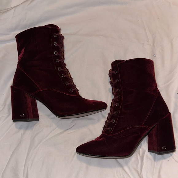Coach Shoes - Coach Burgundy Velvet Lace-Up Block Heel Boots